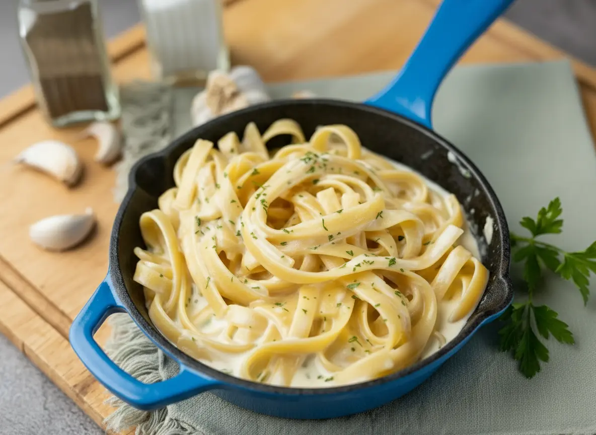A hero shot of creamy Fettuccine Alfredo, garnished with fresh chopped parsley, served in an orange-handled black cast iron skillet. The skillet rests on a rustic wooden cutting board, with a gray fringed linen napkin peeking out. Fresh garlic cloves, whole parsley sprigs, and subtle salt and pepper shakers are artfully blurred in the background on marble countertops, bathed in natural morning light. Soft shadows, warm tones, clean and tidy presentation. 4:3 ratio.