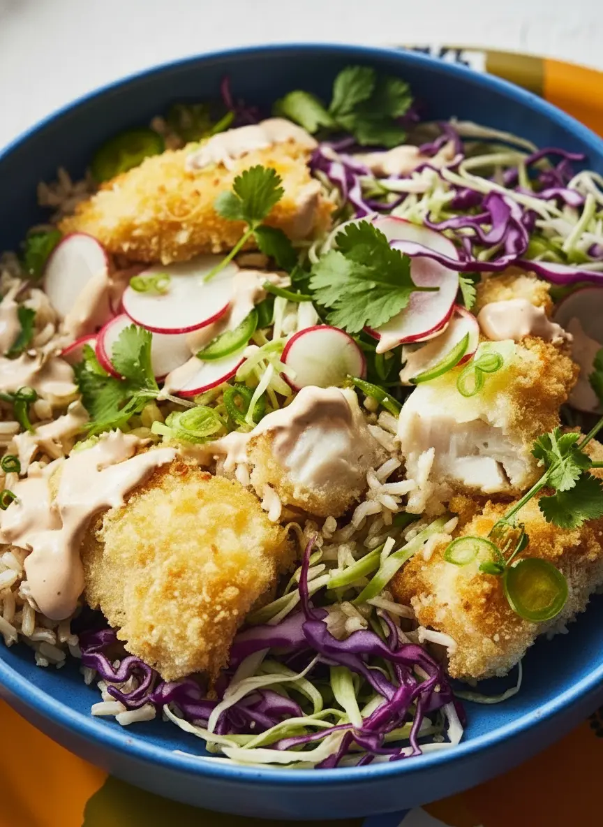 Flat lay of raw ingredients for Crispy Fish Taco Bowls, including unbreaded cod fillets, bowls of panko breadcrumbs, flour, beaten egg, a knife, cutting board with shredded green and purple cabbage, sliced radishes, fresh cilantro, lime, and a small dish of mayonnaise. All arranged on a marble countertop with natural morning light and soft shadows. NO HANDS OR PEOPLE.