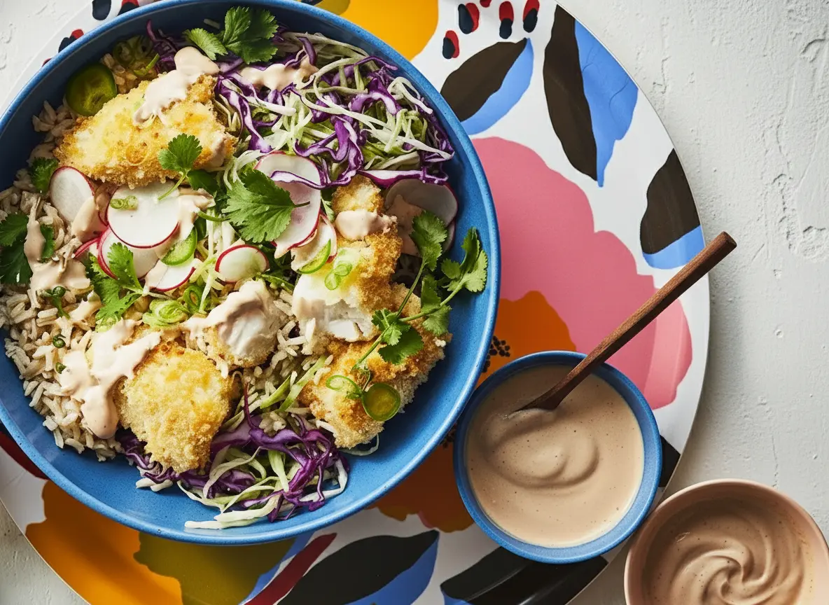 Overhead shot of a vibrant Crispy Fish Taco Bowl, featuring golden crispy panko-crusted fish pieces, fluffy brown rice, a colorful medley of shredded green and purple cabbage slaw, thin slices of radishes, fresh cilantro, green onion, and jalapeño slices, all generously drizzled with a creamy, pinkish-orange zesty sauce. Served in a minimalist white ceramic bowl on a colorful, abstract floral-patterned tray. A small bowl of extra creamy sauce with a wooden spoon and lime wedges are visible on the marble countertop. Natural morning light casts soft shadows. Warm tones, clean and tidy presentation. NO HANDS OR PEOPLE.