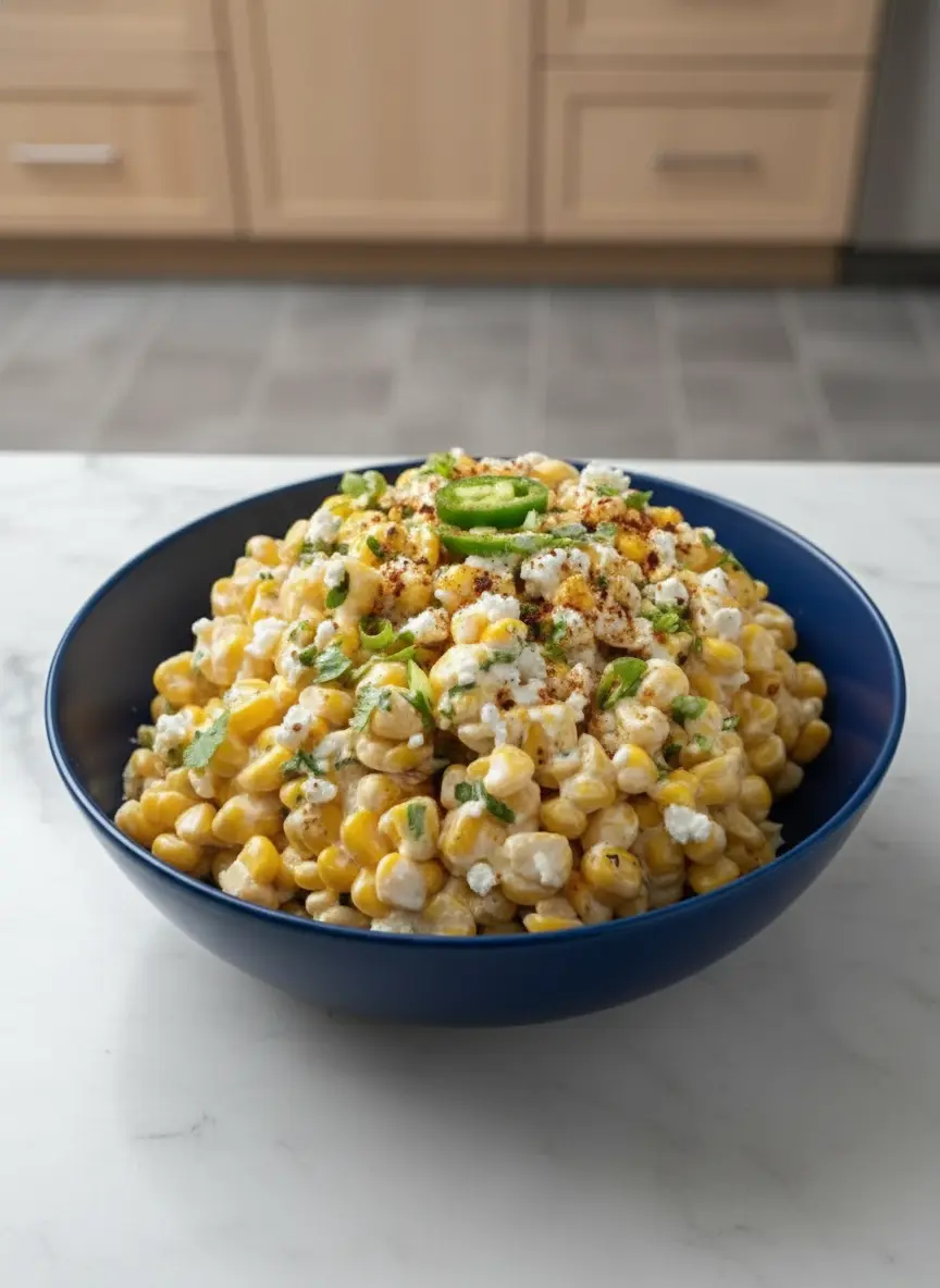 A close-up of a hot skillet on a stove (blurred background) with corn kernels charring, showing beautiful browned edges. A wooden spoon gently stirs the corn. The scene captures the cooking process, with warm tones and soft shadows. (3:4 ratio)
