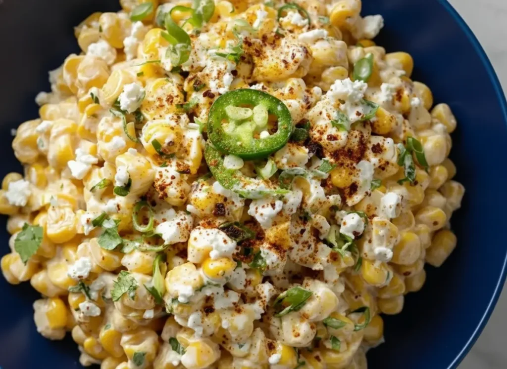 A creamy Mexican Street Corn Salad, dairy-free, in a minimalist white ceramic bowl on a light marble countertop. The salad is vibrant yellow, coated in a rich, creamy sauce, and generously topped with white crumbled dairy-free 'cheese,' finely chopped green onions, a light dusting of red chili powder, and prominent green jalapeño slices. Fresh cilantro leaves are scattered throughout. Soft natural morning light from an east window casts gentle shadows, with warm tones. A wooden cutting board and fresh herbs are subtly blurred in the background, creating a clean, tidy, and authentic kitchen scene. (4:3 ratio)