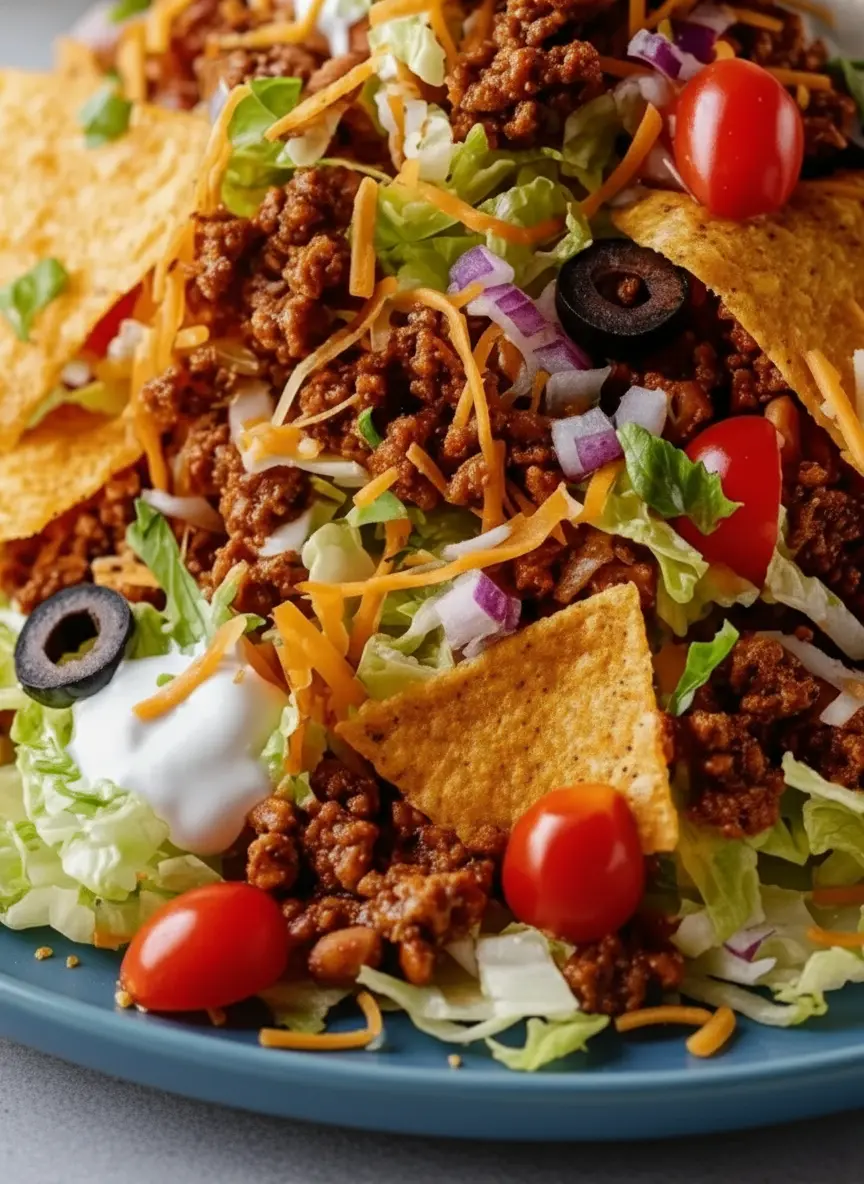 A close-up of a wooden cutting board on a marble countertop, displaying neatly prepared ingredients for Doritos Taco Salad: a mound of crumbled, cooked seasoned ground beef, a pile of freshly shredded iceberg lettuce, a bowl of bright orange shredded cheddar cheese, sliced black olives, diced red onion, and halved cherry tomatoes, all illuminated by soft natural morning light. No hands or people are visible. (3:4 ratio)