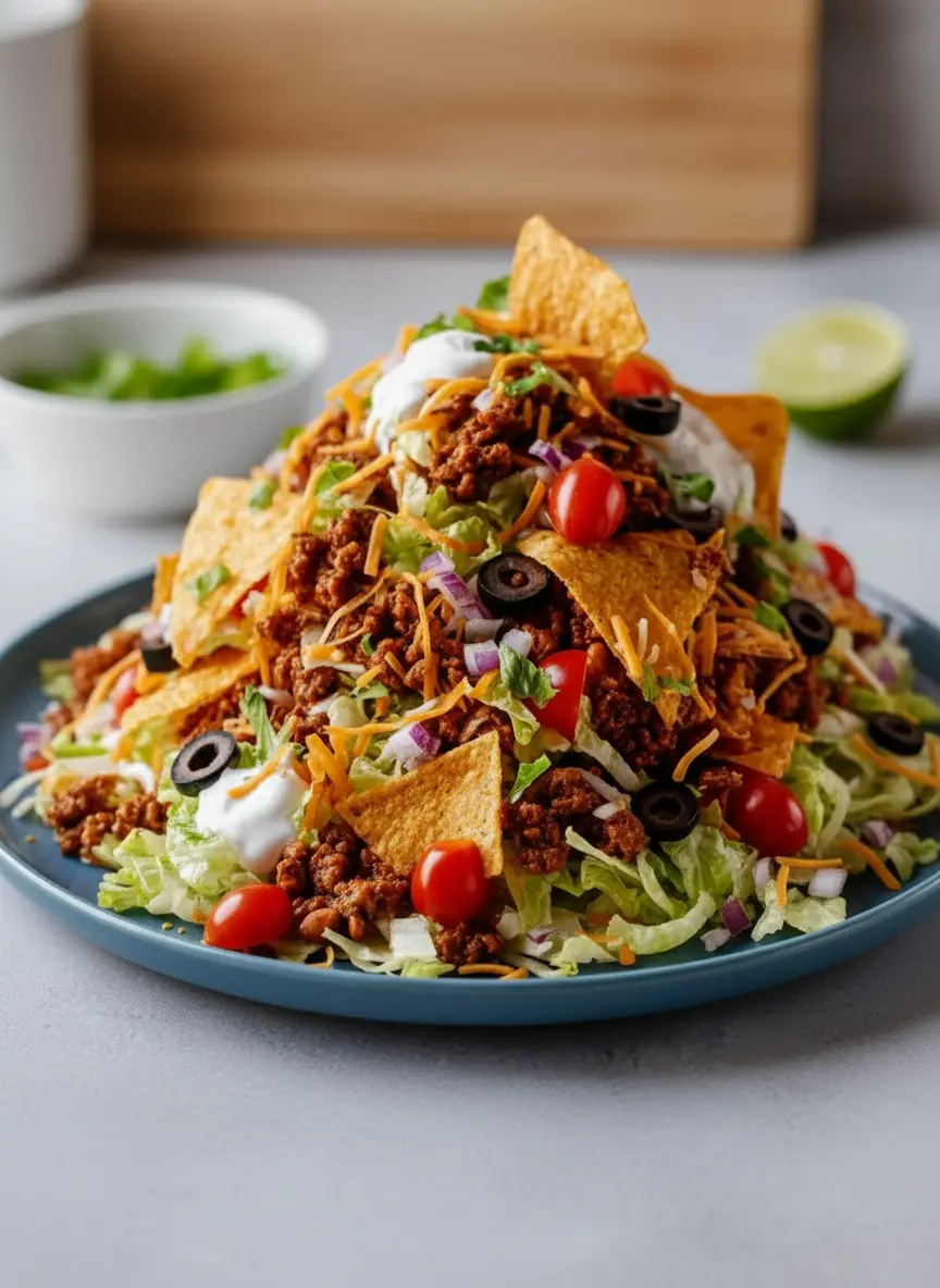 A step-by-step process shot showing a large, clear glass serving bowl on a marble countertop, with layers of Doritos Taco Salad ingredients being added. The bottom layer of shredded lettuce is visible, with a spoon (no hands) gently spreading seasoned ground beef over it. Other bowls of toppings are blurred slightly in the background, under warm, natural light. No hands or people are visible. (3:4 ratio)