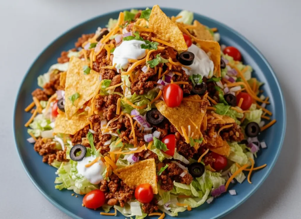 A generous, towering serving of Doritos Taco Salad on a minimalist white plate, overflowing with layers of seasoned ground beef, shredded iceberg lettuce, golden Nacho Cheese Doritos, shredded orange cheddar cheese, chopped red onion, sliced black olives, vibrant red cherry tomatoes, and dollops of creamy white sour cream. The dish is centrally placed on a clean marble countertop, with soft, natural morning light casting gentle shadows. Fresh green herbs are subtly visible in a ceramic bowl in the background, next to the same wooden cutting board, maintaining a warm and tidy presentation. No hands or people are visible. (4:3 ratio)