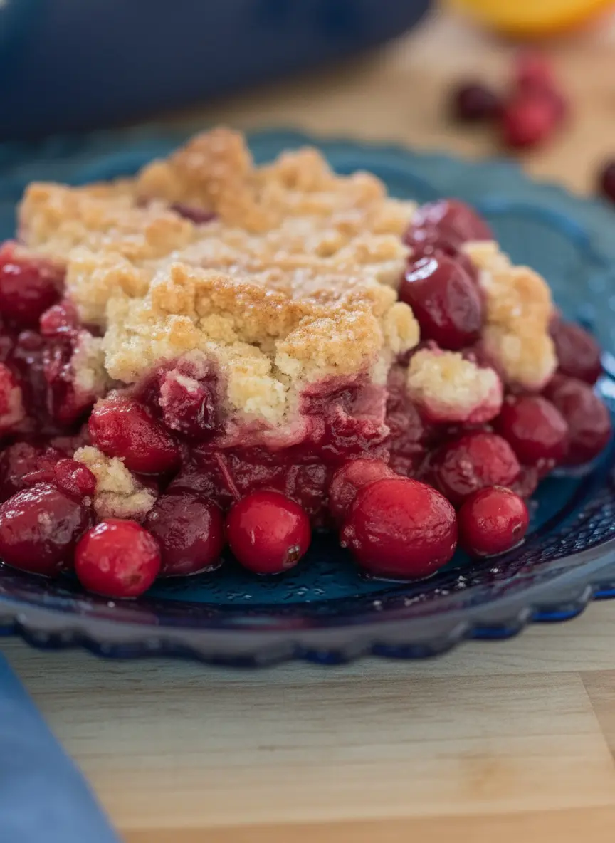 A white ceramic baking dish, containing the bright red, glistening cranberry filling, is topped with dollops of a pale, unbaked, crumbly cobbler dough. A silver vintage spoon rests gracefully on the side of the dish. The dish is placed on a light wooden surface, with a hint of marble countertop in the background, bathed in natural morning light. The scene is clean and tidy, capturing the preparation process with genuine love, no hands or people.
