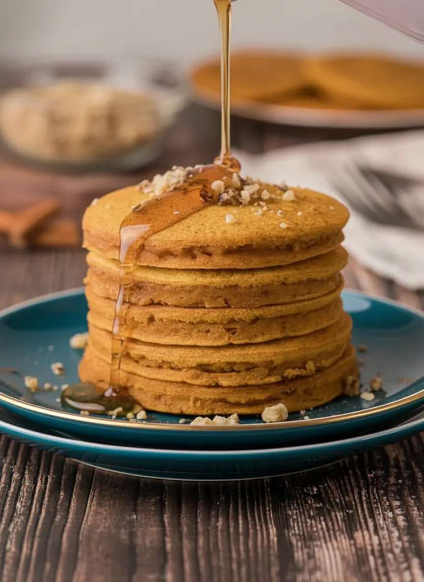 A close-up shot of golden-orange pumpkin pancake batter bubbling on a hot griddle, with a spatula nearby, indicating the cooking process. The scene is set on a wooden cutting board on a marble countertop, bathed in natural morning light, showing soft shadows and warm tones. No hands or people. (3:4 ratio)