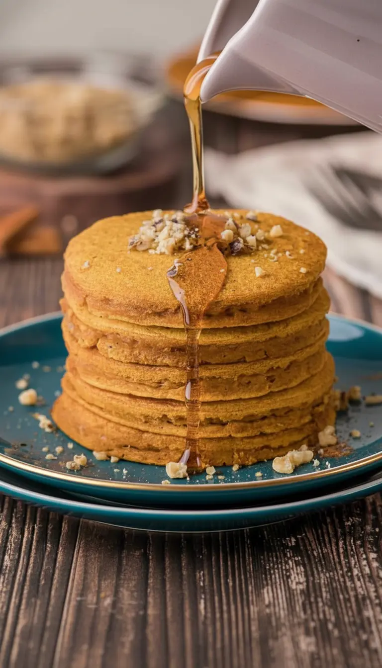 A tight shot showcasing the fluffy texture of a stack of golden-orange pumpkin pancakes on a teal plate, with maple syrup glistening as it drips down the sides and scattered chopped walnuts on top. The background is softly blurred, hinting at a clean kitchen with warm tones and subtle wood accents. No hands or people. (3:4 ratio)