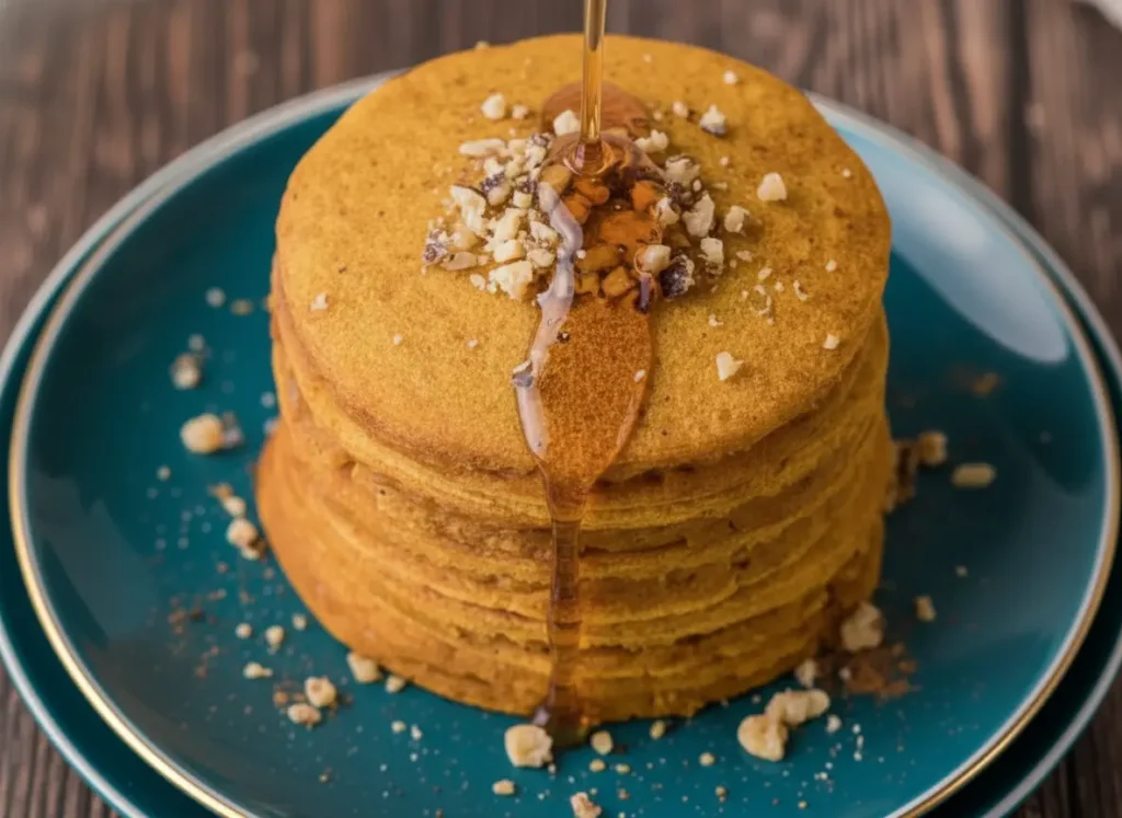 A stack of golden-orange pumpkin pancakes on a teal plate with a gold rim, generously drizzled with golden maple syrup and sprinkled with chopped walnuts, set on a rustic wooden surface next to a marble countertop. Natural morning light from an east window casts soft shadows, illuminating the warm tones, with a clean and tidy kitchen background including subtle wood accents and ceramic bowls. No hands or people. (4:3 ratio)