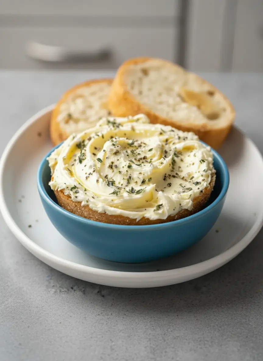 Process shot: A creamy, light yellow Garlic Bread Spread mixture being actively mixed with a wooden spoon in a minimalist white ceramic bowl on a marble countertop. Visible flecks of minced garlic, grated Parmesan, and fresh green thyme are incorporated into the butter, creating appealing swirls and texture. Natural morning light casts soft shadows. (3:4 ratio)