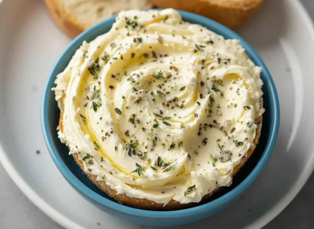 A white ceramic bowl filled with creamy, swirled Garlic Bread Spread, prominently featuring flecks of fresh green thyme and black pepper. The spread has a rich, light yellow color and a smooth, thick texture. In the soft-focus background, blurred slices of golden-brown toasted bread with some spread on them are visible. The bowl rests on a white marble countertop with subtle wood accents, bathed in natural morning light from an east window. Soft shadows enhance depth, and a few stray fresh thyme sprigs are visible, maintaining a clean and tidy presentation. (4:3 ratio)