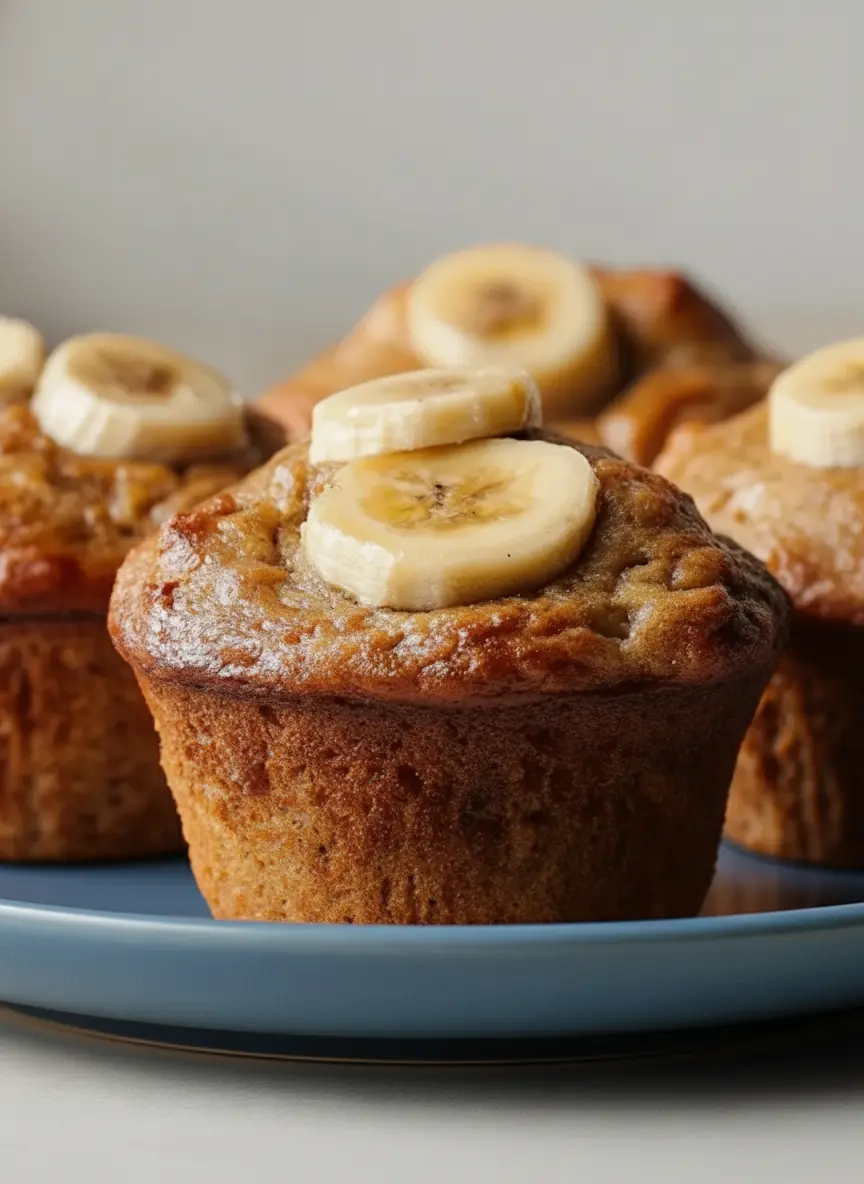 A close-up shot showing a wooden spoon gently folding the mashed bananas and creamy Greek yogurt into the muffin batter in a minimalist white ceramic mixing bowl. The batter is thick and shows a few lumps. The bowl rests on a light-colored marble countertop. Natural morning light from an east window illuminates the scene, creating soft shadows. The setting is clean and tidy. No hands or people. (3:4 ratio)