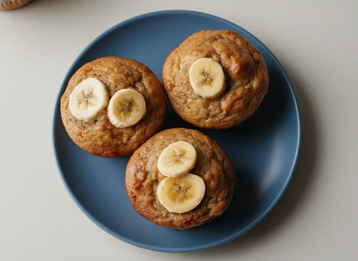 A beautifully plated close-up of several golden-brown Greek Yogurt Banana Muffins on a minimalist white ceramic plate. Each muffin is perfectly domed and topped with a few fresh, thin banana slices. The muffins have a tender, moist appearance and a slight golden sheen. The scene is bathed in natural morning light from an east window, casting soft shadows. A hint of marble countertop and a warm-toned wooden accent are visible in the soft-focus background, with the overall presentation being clean and tidy. No hands or people. (4:3 ratio)