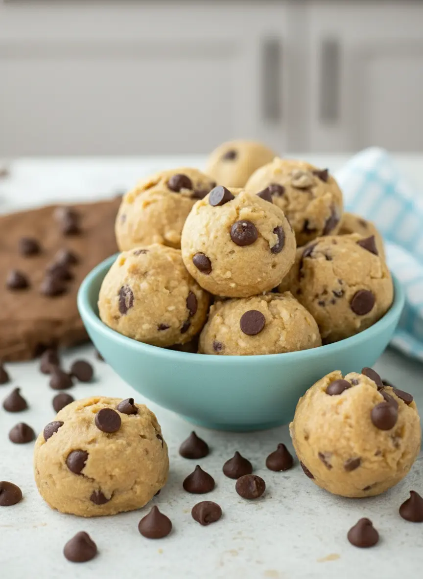 A 3:4 process shot showing the thick tan mixture of Greek yogurt and peanut butter being stirred in a white ceramic bowl with a wooden spoon. Dark chocolate chips are halfway folded into the matte dough. The bowl sits on the signature wooden cutting board with soft morning light illuminating the scene from the side.