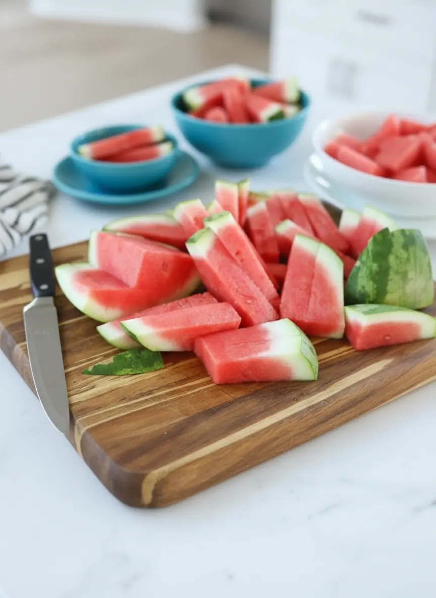Process/technique focus: A watermelon half, placed cut-side down on a wooden cutting board, with a sharp chef's knife mid-way through slicing it into even 1-inch thick planks. The bright red flesh and green rind are visible, illuminated by natural morning light, on a marble countertop. A clean aesthetic with fresh herbs blurred in the background. No hands or people.
