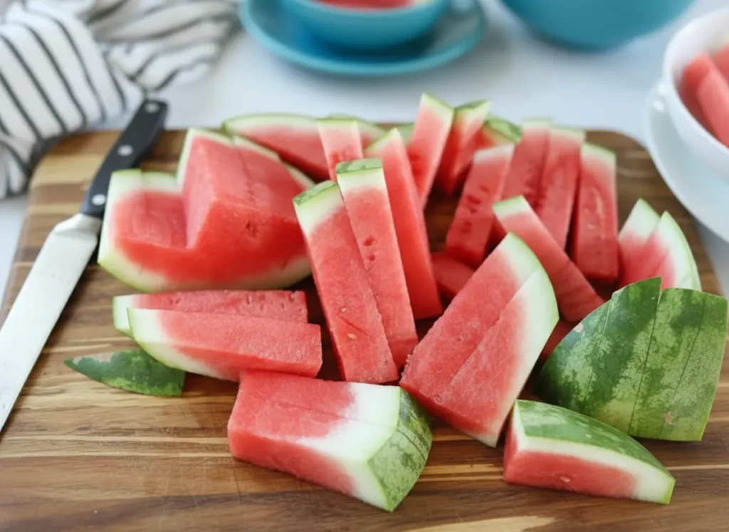 Hero shot of vibrant red watermelon sticks, some with a thin strip of green rind, artfully arranged on a minimalist white oval plate. Fresh green mint sprigs are scattered around the plate. The scene is set on a light marble countertop with warm natural morning light streaming from an east window, casting soft shadows. A corner of a striped kitchen towel is visible in the background, along with a subtle wooden accent. The presentation is clean and tidy.