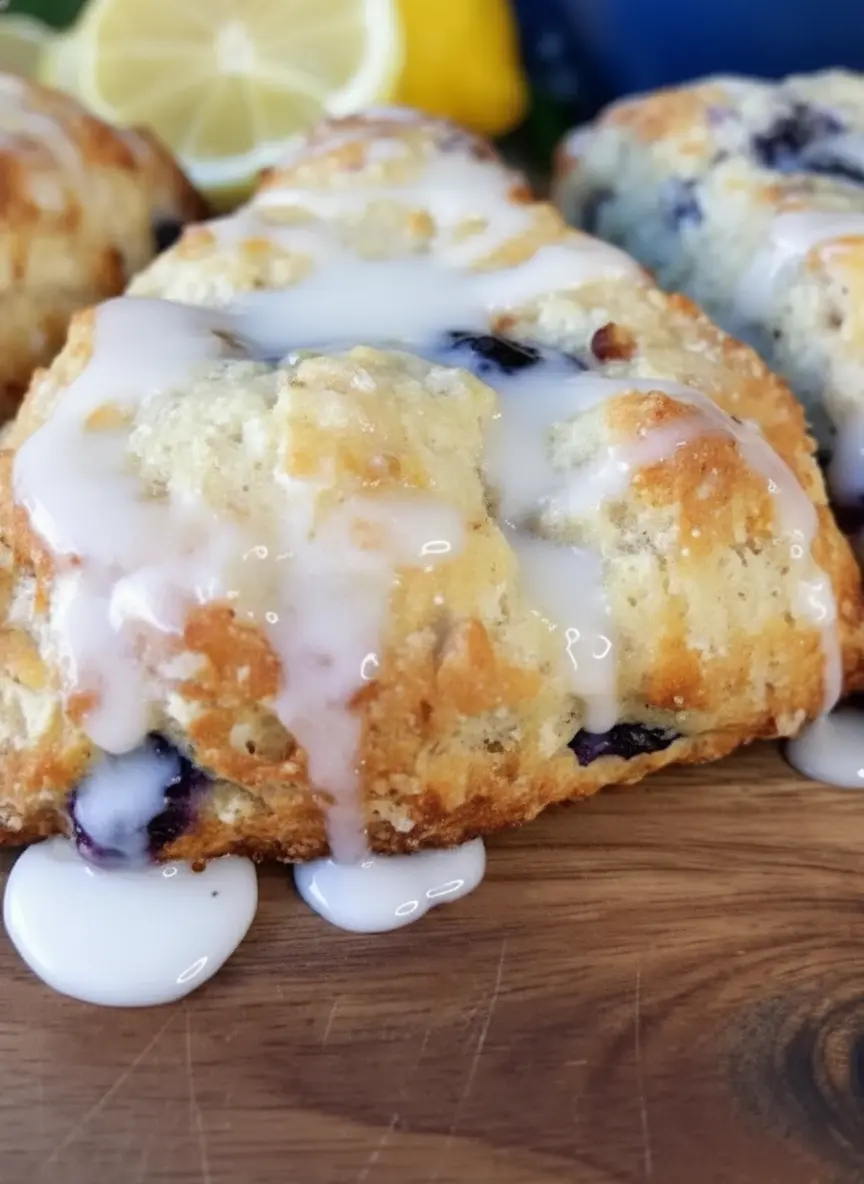 An overhead shot of fresh ingredients for Lemon Blueberry Scones with Yogurt laid out on a marble countertop. Visible items include fresh lemons, a bowl of blueberries, a block of cold butter, a container of Greek yogurt, a bowl of flour, and baking powder. The same wooden cutting board is subtly present. Natural morning light, soft shadows, warm tones, and fresh herbs in the background. No hands or people.