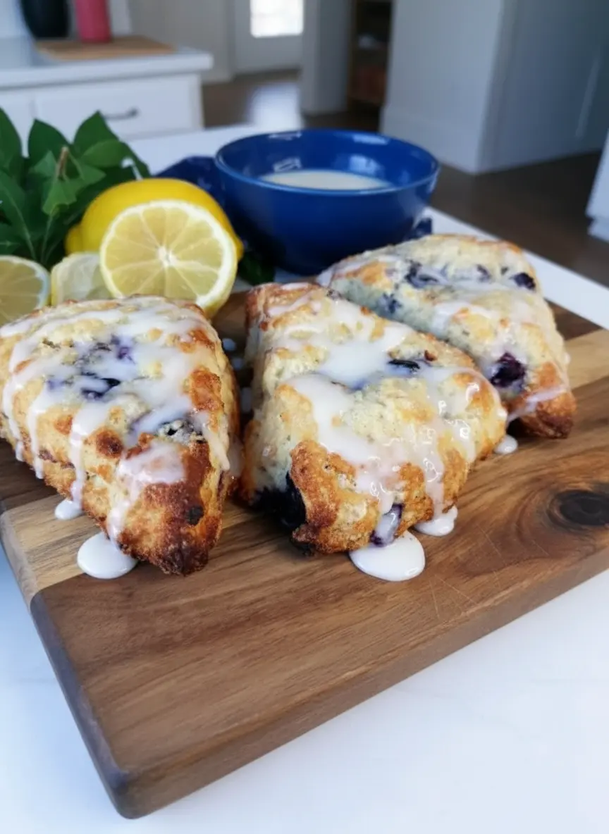 A close-up shot of partially mixed scone dough on the wooden cutting board, with visible cold butter pieces being cut into flour using a pastry blender. Blueberries and lemon zest are just beginning to be incorporated. The scene is set on a marble countertop with natural morning light and soft shadows, showcasing the authentic process. No hands or people.