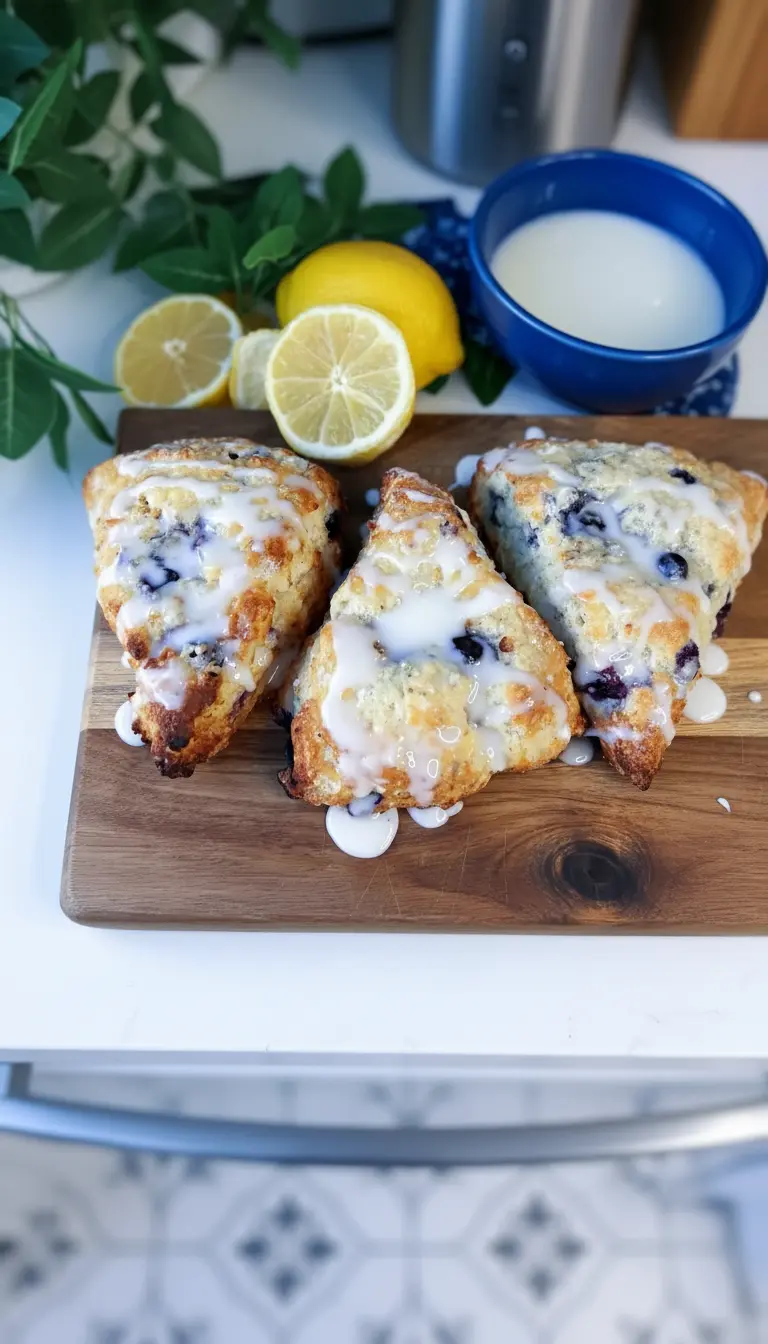 A single, freshly baked and glazed Lemon Blueberry Scone with Yogurt, triangular in shape, cut open to reveal its tender, fluffy crumb and bursting blueberries. It's placed on a minimalist white plate on a wooden cutting board. A fresh lemon slice and a sprig of mint are artfully placed next to it. Natural morning light, warm tones, and soft shadows highlight the texture. No hands or people.
