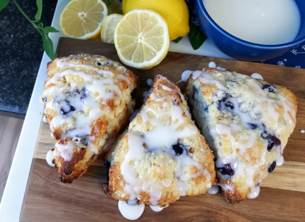 A close-up, top-down shot of three golden-baked Lemon Blueberry Scones with Yogurt, triangular in shape, on a wooden cutting board. The scones are generously drizzled with a bright white lemon glaze that has pooled slightly at the base. Visible blueberries dot the tender crumb. In the background, out of focus, are fresh lemon halves and a whole lemon, and a small ceramic bowl holding more glaze with a spoon. Natural morning light creates soft shadows and warm tones on marble countertops with wood accents. Clean and tidy presentation.