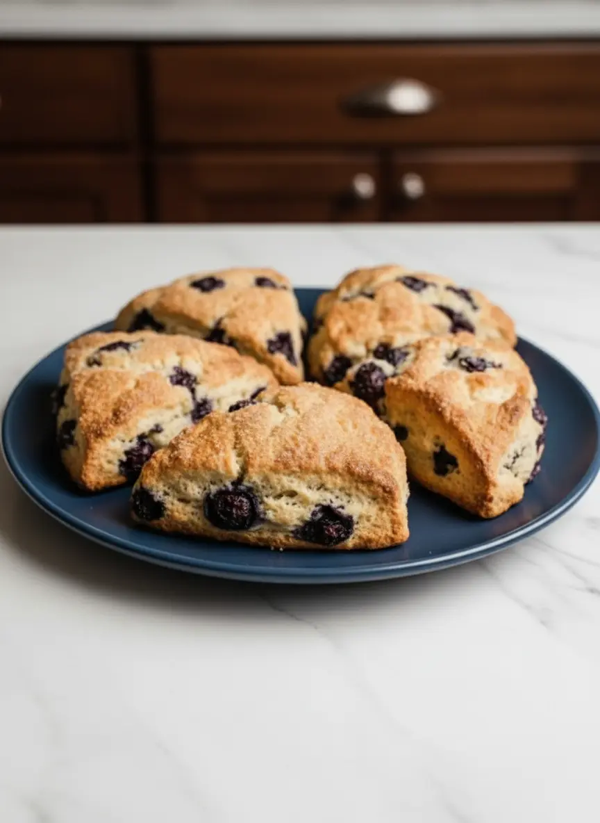 Process shot of Lemon Blueberry Sourdough Scones dough being gently patted into a circle on a lightly floured wooden cutting board, with visible blueberries and lemon zest incorporated. A pastry blender and a knife are nearby. Natural morning light creates warm tones and soft shadows. (3:4 ratio)