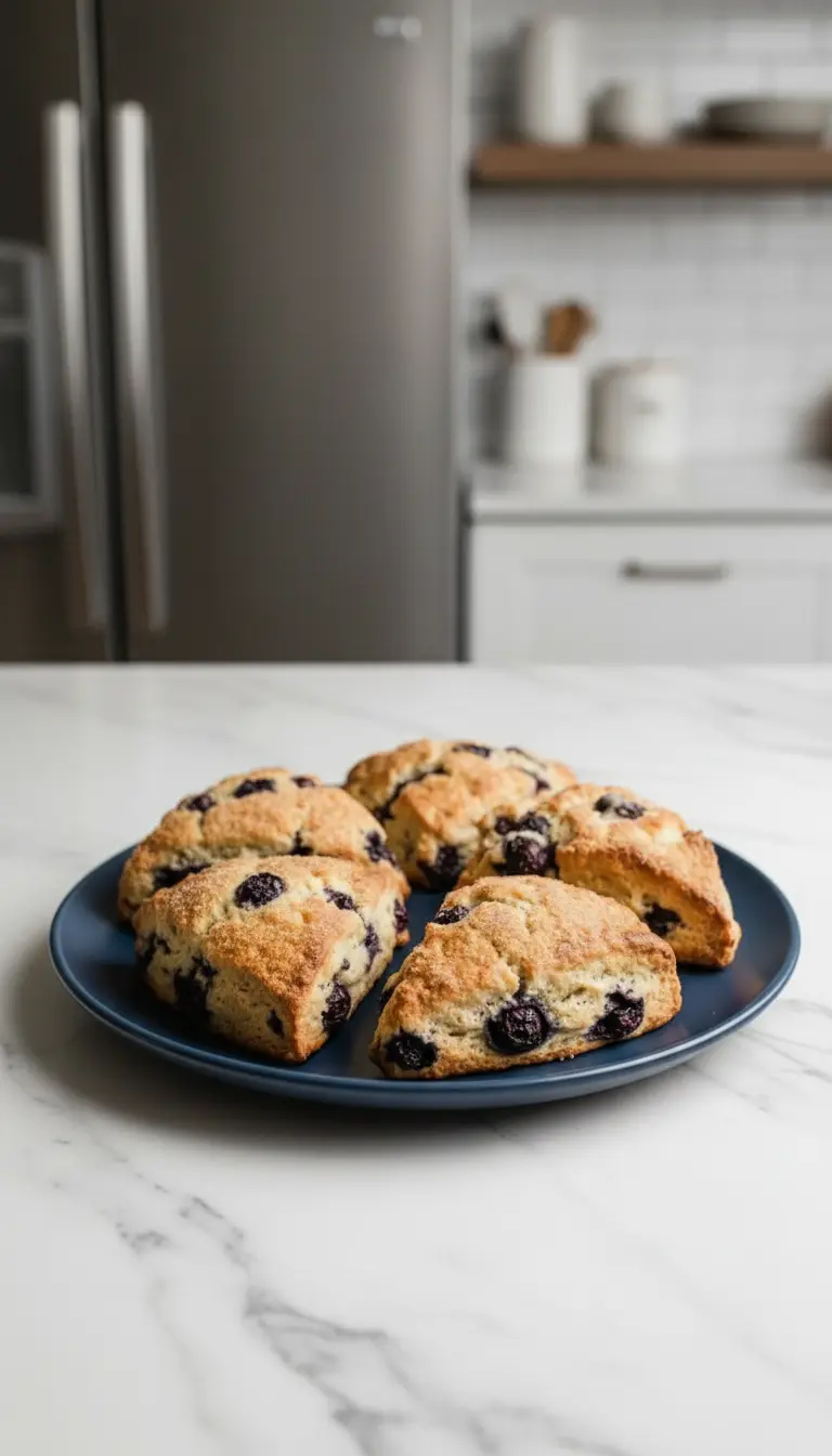A close-up of a single triangular Lemon Blueberry Sourdough Scone on a minimalist white plate, with its golden-brown, craggy crust and tender interior clearly showing vibrant dark red/purple blueberries. The scone is perfectly baked, exuding warmth, placed on a marble countertop with a subtle wood accent in the background. Natural morning light highlights the texture. (3:4 ratio)