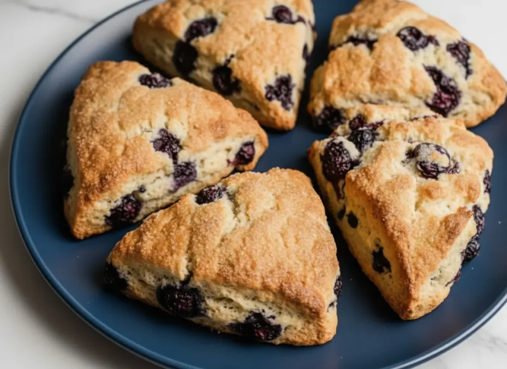 A hero shot of several golden-brown, triangular Lemon Blueberry Sourdough Scones with a rustic, craggy texture and visible bursts of dark red/purple blueberries, arranged on parchment paper on a baking sheet, caught in warm, natural morning light from an east window. The background features a subtle hint of marble countertop and a soft, out-of-focus fresh herb plant. Soft shadows are present, and the overall tone is clean and inviting. (4:3 ratio)