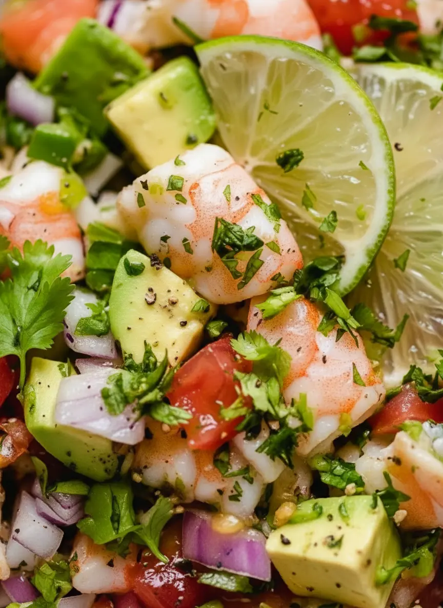 A clean composition showcasing the fresh, raw ingredients for Lime Shrimp and Avocado Salad neatly arranged on a wooden cutting board on a marble countertop. Visible items include fresh, uncooked shrimp, whole ripe avocados, red tomatoes, a red onion, a bunch of cilantro, and whole limes. Natural morning light illuminates the scene, highlighting the vibrant colors and textures. Soft shadows and warm tones create a welcoming atmosphere. (3:4 ratio)