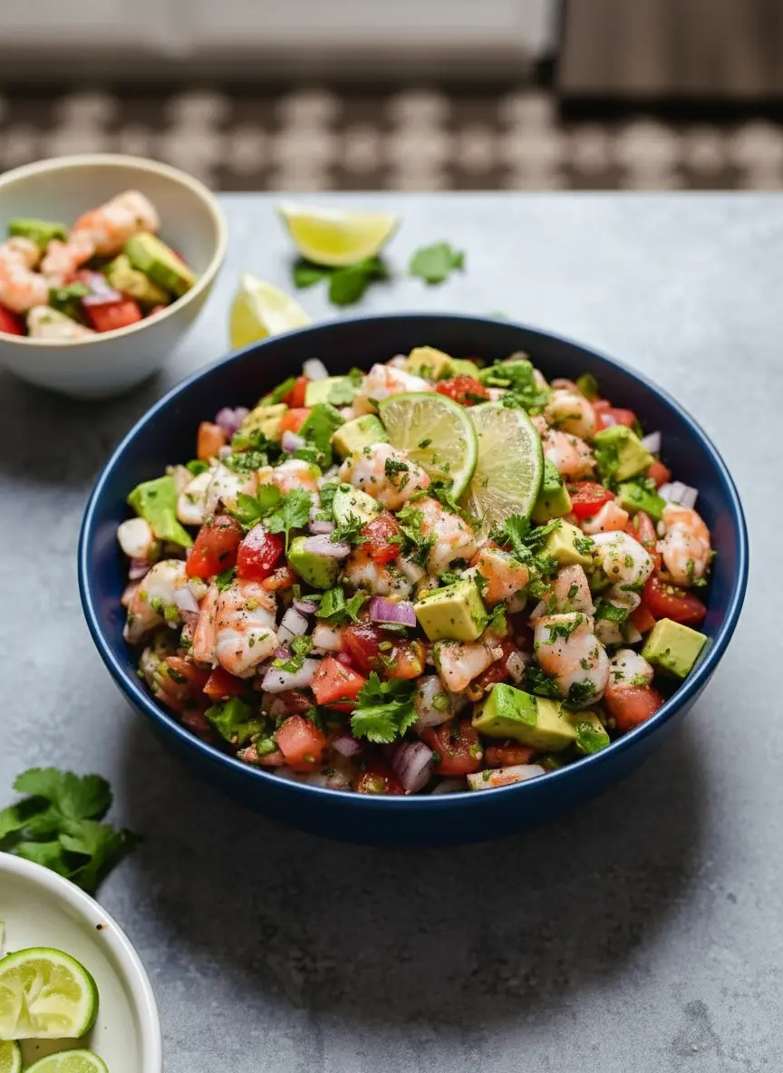 A close-up of a partially assembled Lime Shrimp and Avocado Salad in a minimalist white ceramic bowl on a marble countertop. Diced cooked shrimp, avocado, tomatoes, and red onion are gently mixed, with a hand pouring in a zesty lime dressing. A wooden cutting board and fresh cilantro sprigs are visible in the background. The natural morning light emphasizes the freshness and the love for the cooking process. No hands or people. (3:4 ratio)