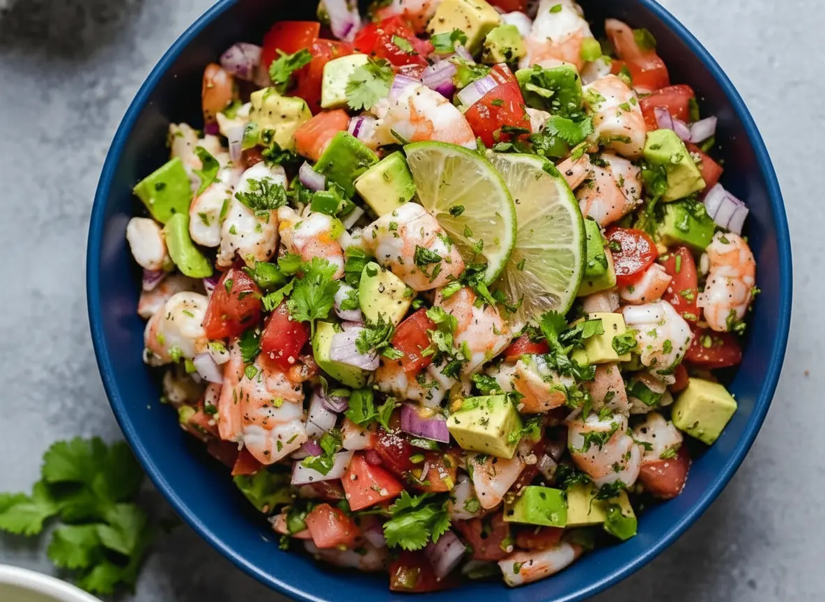 A generous white ceramic bowl brimming with vibrant Lime Shrimp and Avocado Salad. The salad features a colorful mix of tender pink shrimp, bright green diced avocado, rich red diced tomatoes, delicate purple minced red onion, and fresh green chopped cilantro, all tossed together. A couple of fresh lime slices and sprigs of cilantro garnish the top. The bowl sits on a light grey marble countertop with subtle wood accents. Natural morning light from an east window casts soft shadows. The overall scene is clean, tidy, warm-toned, and inviting, reflecting a genuine love for the process. (4:3 ratio)