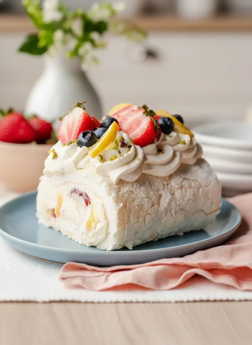 Process shot of a baked Meringue Roulade being gently unrolled from parchment paper after cooling, revealing the creamy filling with strawberry pieces and bright yellow lemon curd swirls. The meringue shows its soft, pliable texture. Set on a marble countertop with natural morning light. Soft shadows, warm tones, clean and tidy presentation. No hands or people. (3:4 ratio)
