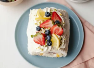 A whole elegant Meringue Roulade, generously topped with piped whipped cream, vibrant sliced fresh strawberries, whole dark blueberries, bright lemon wedges, and scattered green chopped pistachios, resting on a minimalist light peach ceramic plate. The scene is set on a marble countertop with soft morning light from an east window creating warm tones and soft shadows. A blurred white vase with fresh green herbs and a subtle wooden cutting board are in the background. Clean and tidy presentation. No hands or people. (4:3 ratio)