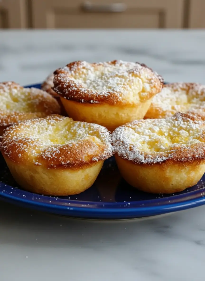 A well-loved metal muffin tin filled with smooth, pale yellow custard batter, sitting on a clean marble surface. Tiny specks of fresh lemon zest are visible floating on the surface of the liquid. Soft, directional light from the side accentuates the clean, tidy preparation in a serene kitchen environment.
