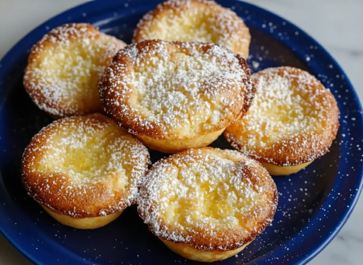 A close-up shot of five Mini Baby Lemon Impossible Pies arranged elegantly on a minimalist white ceramic plate. The pies have a beautiful golden-brown caramelized edge with a slightly sunken, rich yellow custard center, heavily dusted with fine white powdered sugar. Soft morning light streams from an east window, casting gentle shadows across a clean marble countertop. The background shows a subtle, out-of-focus wood accent and a hint of fresh green herbs, creating a warm, cozy, and tidy kitchen atmosphere.