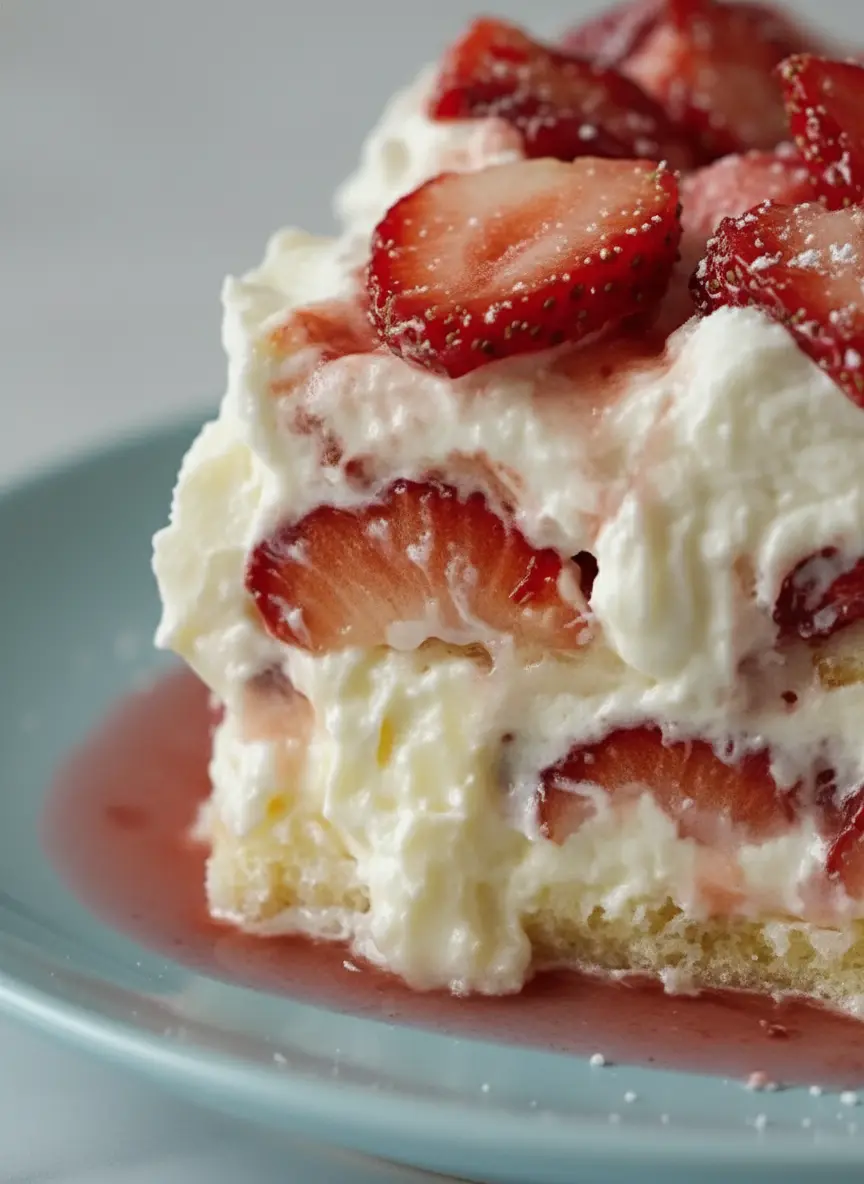 A flat lay (3:4 ratio) of fresh, ripe strawberries, a block of cream cheese, and a pile of graham cracker crumbs next to a wooden cutting board, on a marble countertop, bathed in natural morning light with soft shadows.