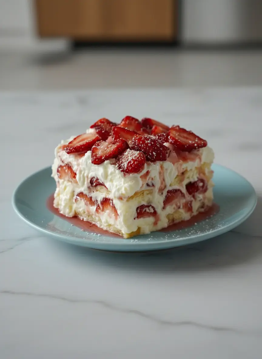 A clear glass baking dish (3:4 ratio) showing the process of layering the No-Bake Strawberry Cheesecake Lasagna; a smooth layer of creamy white filling is visible over the base, with vibrant red strawberry slices being carefully placed on top. The background features a clean kitchen with wood accents and natural light.