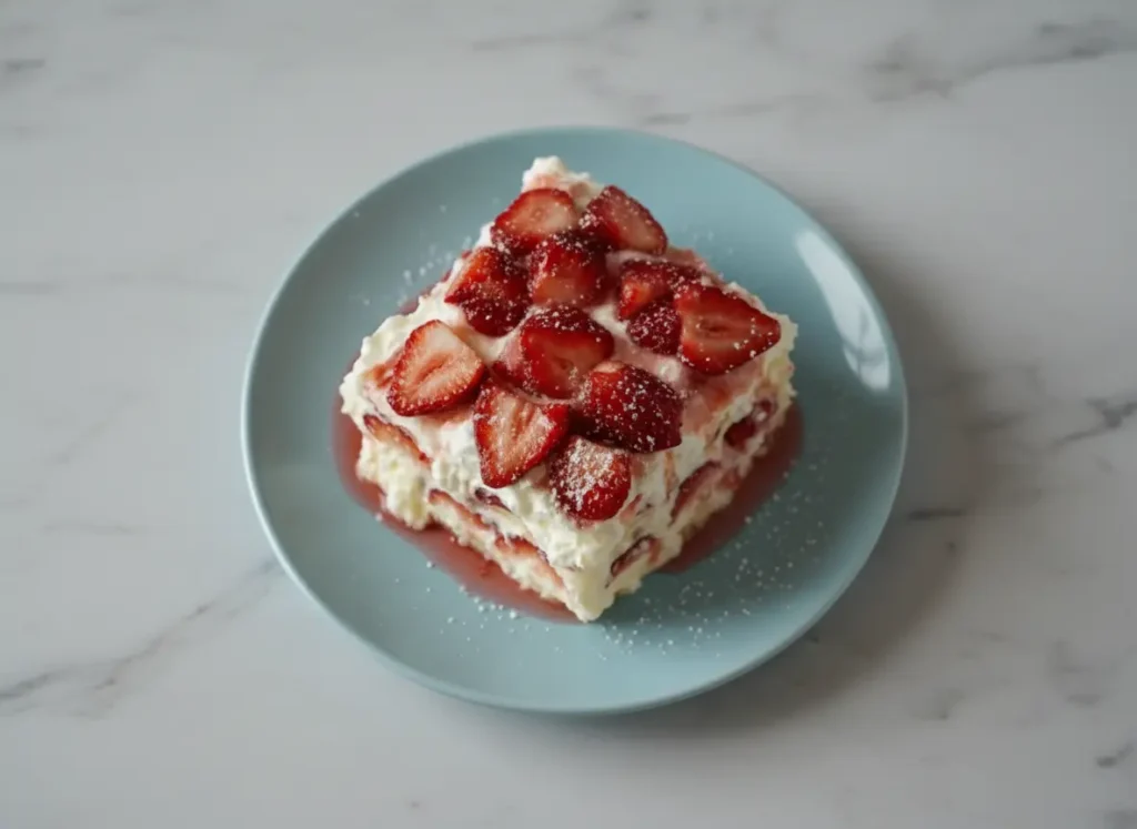 A close-up (4:3 ratio) hero shot of a single slice of No-Bake Strawberry Cheesecake Lasagna on a minimalist white plate, revealing clear layers of creamy white filling, vibrant red sliced strawberries, and a light-colored cake-like base, with strawberry syrup/juice seeping slightly and a delicate dusting of powdered sugar. The scene is lit by natural morning light with soft shadows, set on a marble countertop with a subtle wood accent in the background.