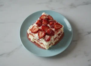 A close-up (4:3 ratio) hero shot of a single slice of No-Bake Strawberry Cheesecake Lasagna on a minimalist white plate, revealing clear layers of creamy white filling, vibrant red sliced strawberries, and a light-colored cake-like base, with strawberry syrup/juice seeping slightly and a delicate dusting of powdered sugar. The scene is lit by natural morning light with soft shadows, set on a marble countertop with a subtle wood accent in the background.