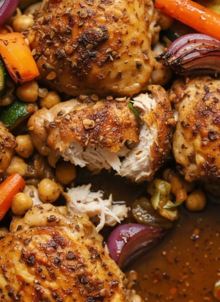 One-Pan Ras el Hanout Chicken Thighs - Ingredient and prep focus: A close-up shot on a marble surface showing a small wooden bowl filled with the earthy brown Ras el Hanout spice blend, a halved lemon, and a pile of fresh raw carrots and purple cauliflower. A wooden cutting board sits to the side. Natural morning light illuminates the textures of the spices and the freshness of the vegetables.