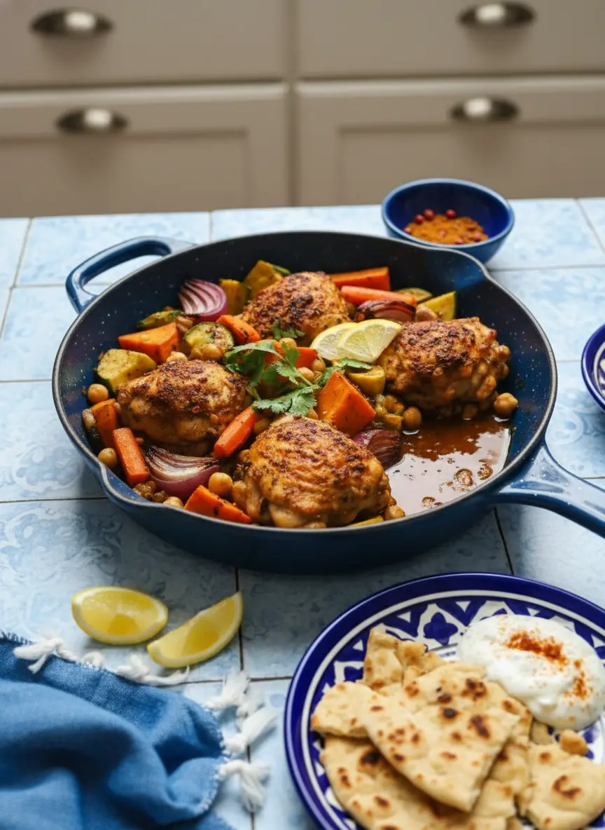 Process and technique focus: A mid-shot of a dark sheet pan with parchment paper. Four raw chicken thighs are being seasoned with a dark red spice paste. Clusters of raw chickpeas, zucchini, and red onions are being arranged around the chicken. No hands are visible. The scene is bright and airy, reflecting a clean and tidy kitchen environment.