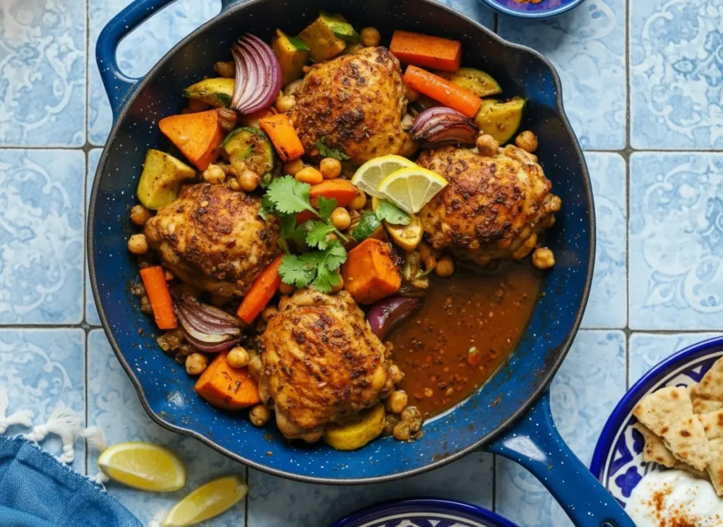 A hero shot of a dark metal sheet pan on a white marble countertop. The pan contains four roasted bone-in chicken thighs with crispy, spice-rubbed skin. Surrounding the chicken are charred orange carrots, slices of zucchini, red onion wedges, purple cauliflower florets, and crispy chickpeas. The tray is lined with crumpled parchment paper. In the background, a striped red and yellow linen towel and a small wooden bowl of dried rose petals are visible. Soft morning light from an east window creates gentle shadows and warm tones.