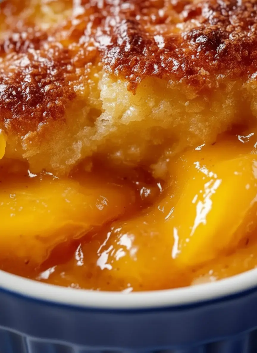 Arrangement of ingredients for Peach Cobbler with Canned Peaches on a marble countertop: a can of peaches, sticks of butter, flour, sugar, and spices in small ceramic bowls. A wooden cutting board is subtly in the background with a sprig of fresh mint. Natural morning light, soft shadows, warm tones, clean and tidy presentation, no hands. (3:4 ratio)