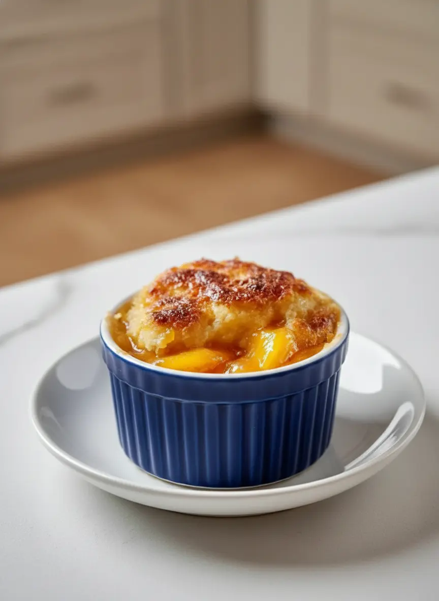 A shot of the uncooked Peach Cobbler with Canned Peaches batter and peach mixture layered in a white fluted ceramic ramekin before baking, with a spoonful of peaches about to be placed. The ramekin rests on a wooden cutting board on a marble countertop. Natural morning light, soft shadows, warm tones, clean and tidy presentation, no hands. (3:4 ratio)