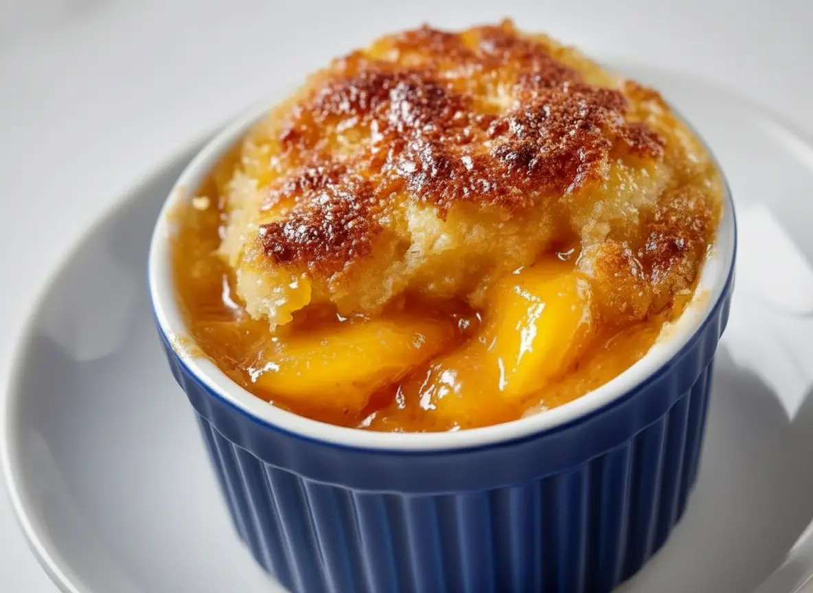 Close-up hero shot of a single serving of Peach Cobbler with Canned Peaches in a white fluted ceramic ramekin, showcasing the golden brown, bubbly, slightly crisp topping and rich, syrupy yellow-orange peach slices peeking through. Shot with natural morning light from an east window, soft shadows, warm tones, on a marble countertop with a subtle wood accent in the background. Fresh herbs are visible softly blurred in the background on the wooden cutting board, clean and tidy presentation, no hands.