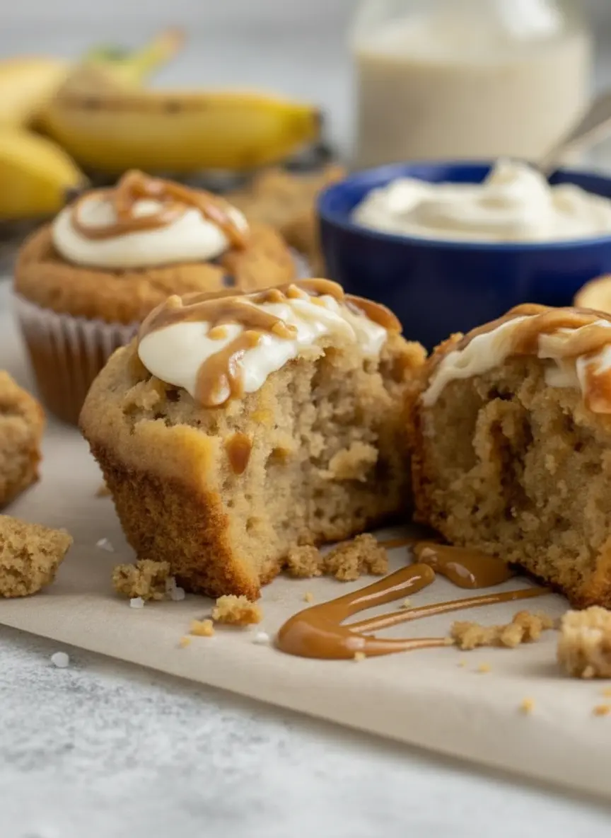 A flat lay of the key ingredients for Peanut Butter Greek Yogurt Banana Bread Muffins: overripe bananas, a jar of creamy peanut butter, a bowl of plain Greek yogurt, flour, and sugar, all arranged on a wooden cutting board on a marble countertop with natural morning light and soft shadows. (3:4 ratio)