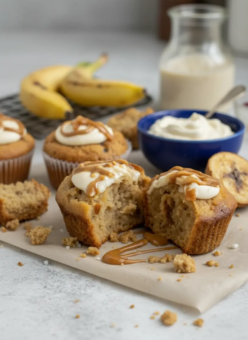 A close-up of muffin batter being gently mixed in a ceramic bowl with a wooden spoon, showcasing the smooth, thick consistency before being scooped. A muffin tin lined with paper cups sits nearby on a wooden cutting board. Natural morning light, clean and tidy. (3:4 ratio)