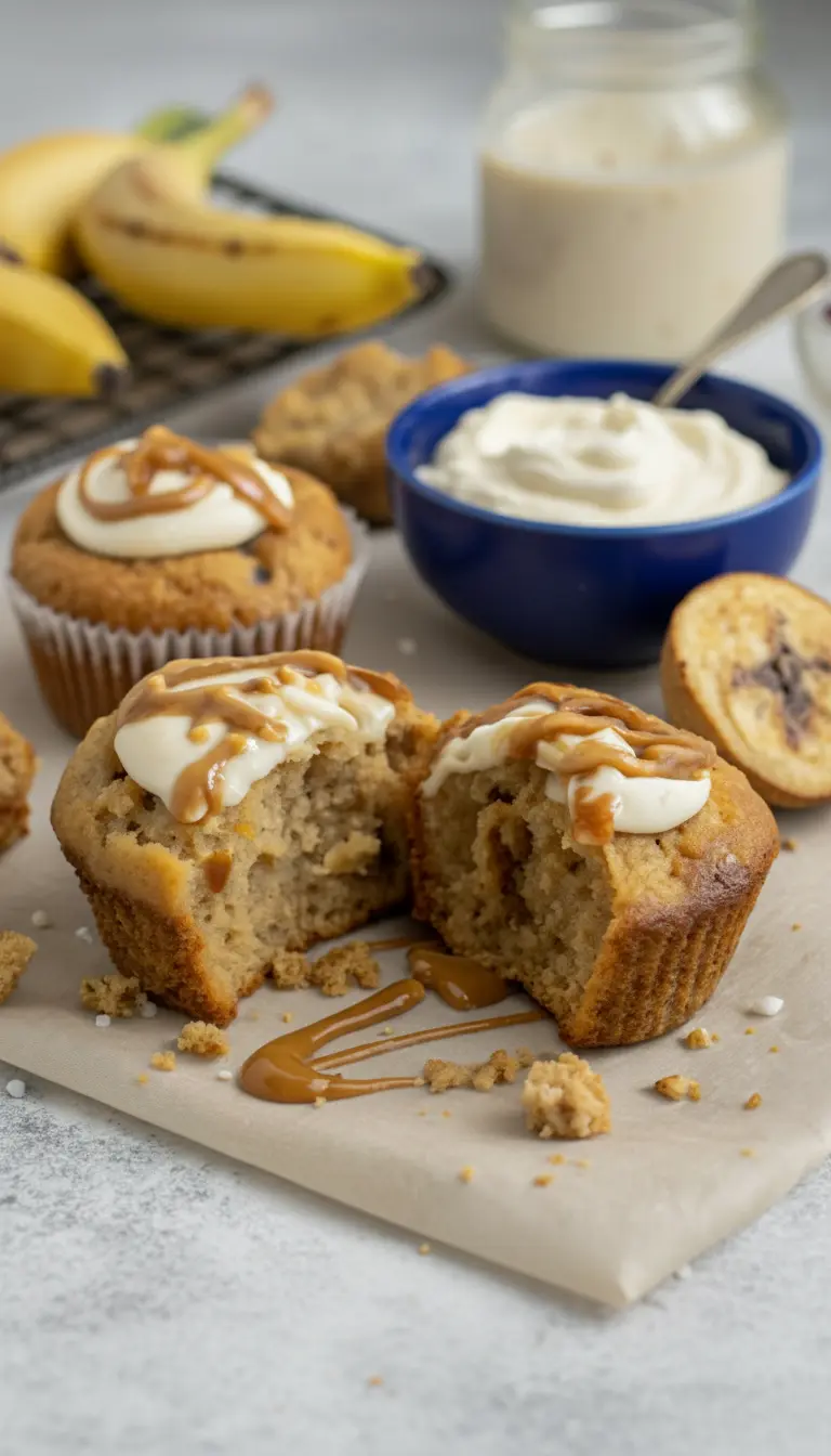 A trio of freshly baked Peanut Butter Greek Yogurt Banana Bread Muffins on a minimalist white plate, one muffin sliced open to reveal its moist texture and the creamy frosting and caramel drizzle. Fresh bananas are subtly blurred in the background. Soft shadows, warm tones, and natural morning light on a marble counter. (3:4 ratio)