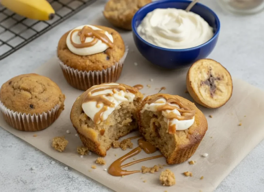 A hero shot of a Peanut Butter Greek Yogurt Banana Bread Muffin cut in half, showcasing the moist, fluffy interior. It's generously topped with creamy white frosting and a rich caramel drizzle, with more caramel drizzled on the parchment paper below. In the soft morning light, on a marble countertop with a subtle wood accent. Whole ripe bananas are blurred in the background, along with a small bowl of frosting. Warm tones, clean and tidy presentation. (4:3 ratio)