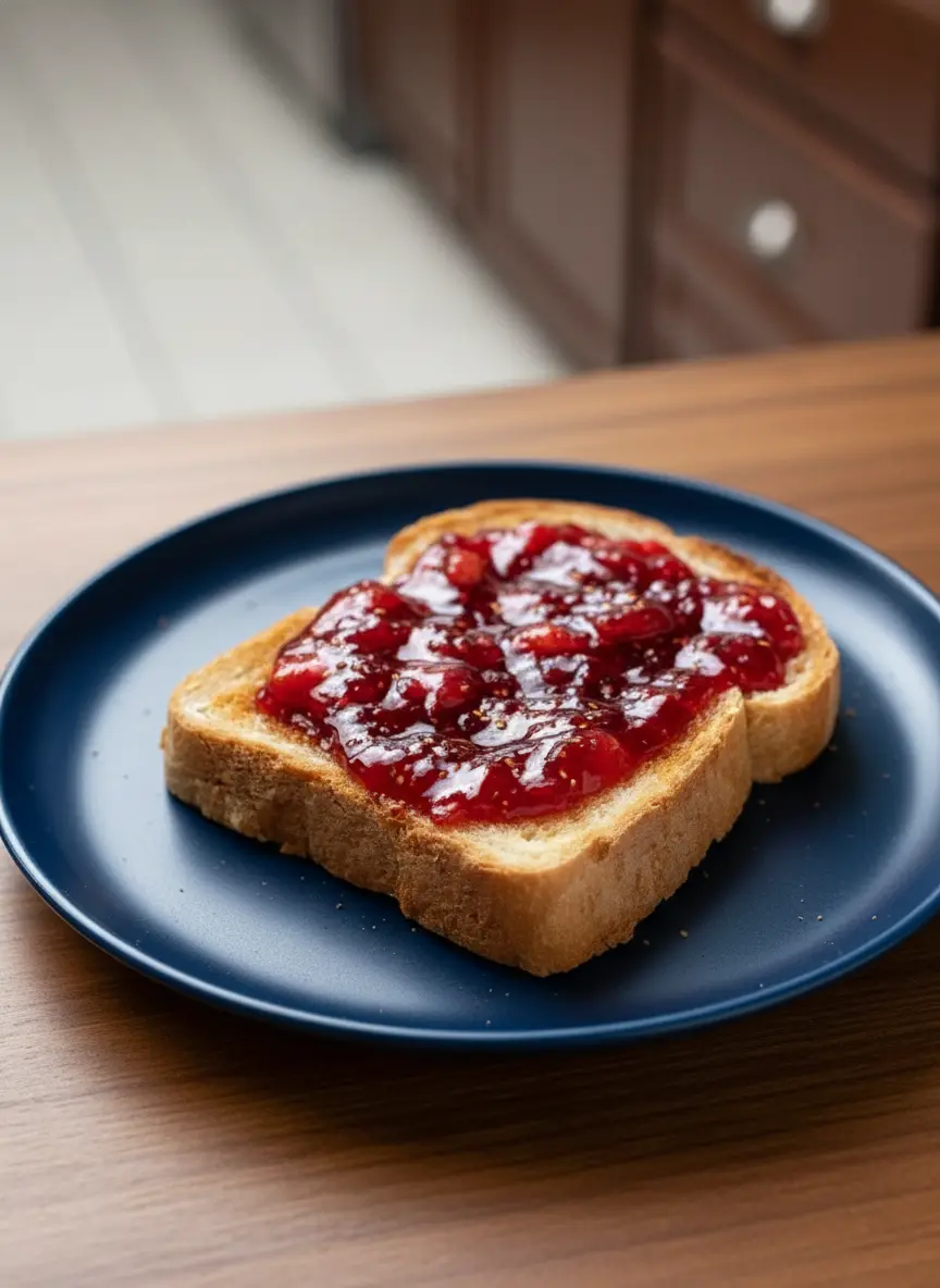 A medium saucepan on a stovetop, filled with vibrant red quick strawberry jam without pectin gently simmering. The jam shows a slightly rustic, bubbling texture with visible fruit chunks. The scene features natural morning light, warm tones, and a clean kitchen environment. (3:4 ratio)