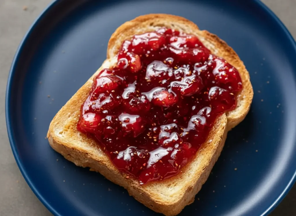 A slice of golden-brown toast generously topped with glistening, deep red quick strawberry jam without pectin, showing visible strawberry pieces and seeds. The toast is on a minimalist white plate on a marble countertop with natural morning light from an east window. Soft shadows, warm tones, and a tidy presentation with a hint of a wooden cutting board in the background. (4:3 ratio)