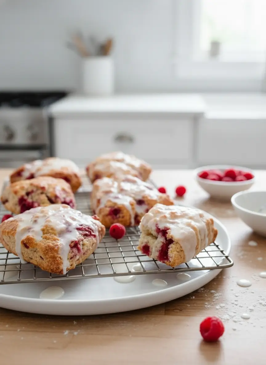 An overhead shot (3:4) on a light wooden cutting board, showing neatly cubed very cold butter, a bowl of fresh, vibrant red raspberries, a lemon with fresh zest, and a bowl of flour, ready for mixing. The background features a clean marble countertop bathed in natural morning light from an east window, with subtle soft shadows and warm tones.